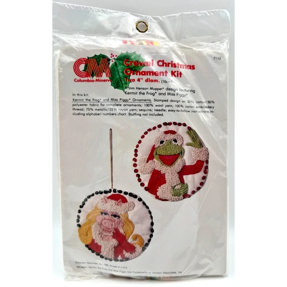 Vintage Crewel Christmas Ornament Kit Kermit the Frog Miss Piggy 7133 New Sealed